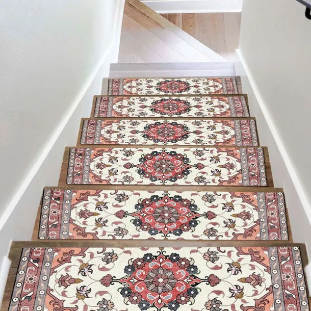 Step Tread Carpet Boho Style Non-Slip Carpet Stair Treads for Kids Elders and Pets Ethnic Design Stair Tread Mats W20*L76cm