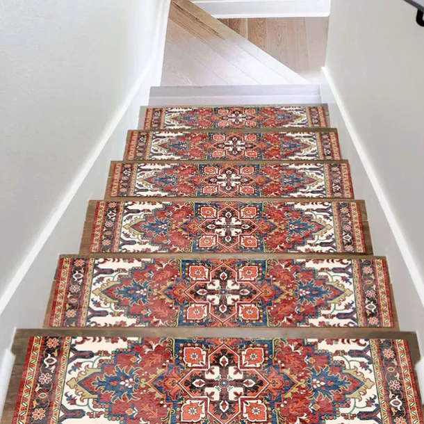Step Tread Carpet Boho Style Non-Slip Carpet Stair Treads for Kids Elders and Pets Ethnic Design Stair Tread Mats W20*L76cm