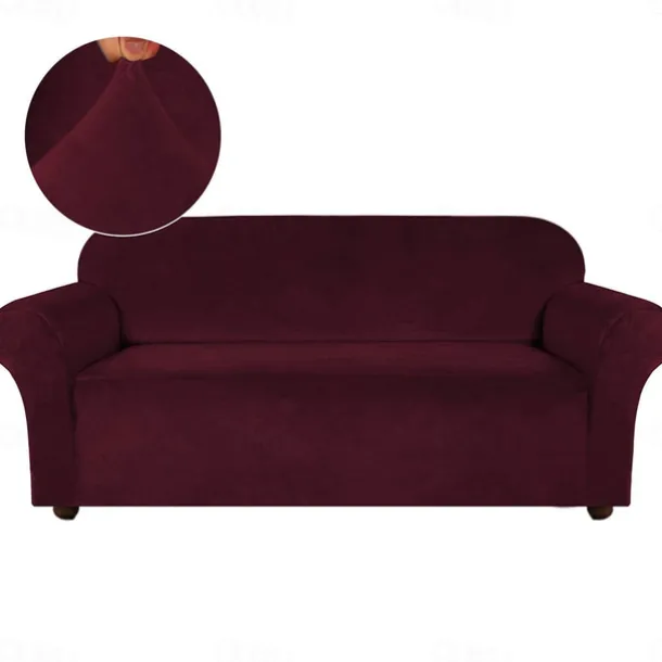 Stretch Sofa Cover Slipcover Elastic Velvet Sectional Couch Armchair Loveseat Burgundy Red 4 Or 3 Seater L Shape Plain Solid Color Soft Durable