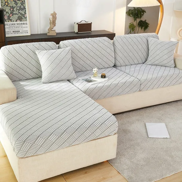 Stretch Sofa Seat Cushion Cover Slipcover Elastic Couch Armchair Loveseat 4 Or 3 Seater Grey Plain Solid Soft Durable Washable