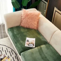 Stretch Sofa seat Cushion Cover Velvet Slipcover Elastic Couch Armchair Loveseat 4 or 3 Seater Grey Burgundy Red Black Blue Plain Solid Soft Durable Washable