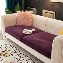 Stretch Sofa seat Cushion Cover Velvet Slipcover Elastic Couch Armchair Loveseat 4 or 3 Seater Grey Burgundy Red Black Blue Plain Solid Soft Durable Washable