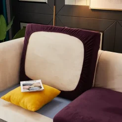 Stretch Sofa seat Cushion Cover Velvet Slipcover Elastic Couch Armchair Loveseat 4 or 3 Seater Grey Burgundy Red Black Blue Plain Solid Soft Durable Washable