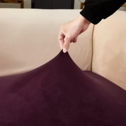 Stretch Sofa seat Cushion Cover Velvet Slipcover Elastic Couch Armchair Loveseat 4 or 3 Seater Grey Burgundy Red Black Blue Plain Solid Soft Durable Washable