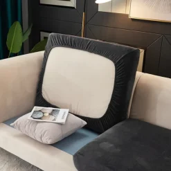 Stretch Sofa seat Cushion Cover Velvet Slipcover Elastic Couch Armchair Loveseat 4 or 3 Seater Grey Burgundy Red Black Blue Plain Solid Soft Durable Washable