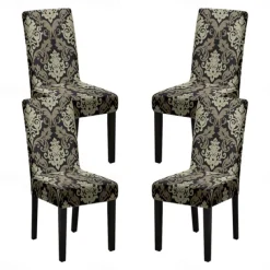 Stretch Spandex Dining Chair Cover 4 Pcs Set, Geometric Printed Stretch Chair Protector Cover Seat Slipcover with Elastic Band for Dining Room,Wedding, Ceremony, Banquet,Home Decor