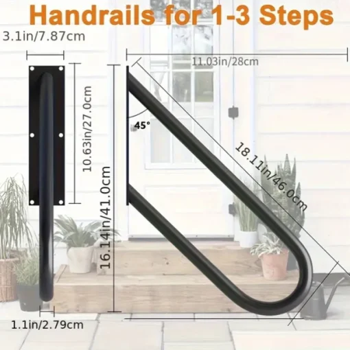 Sturdy U-Shaped Handrail for 1-3 Steps - Durable Varnished Finish, Indoor/Outdoor Black Stair Railing, Wall Mounted Step Support, Safety Assist Bar for Stairs, Bathroom, Porch, Garage - Easy