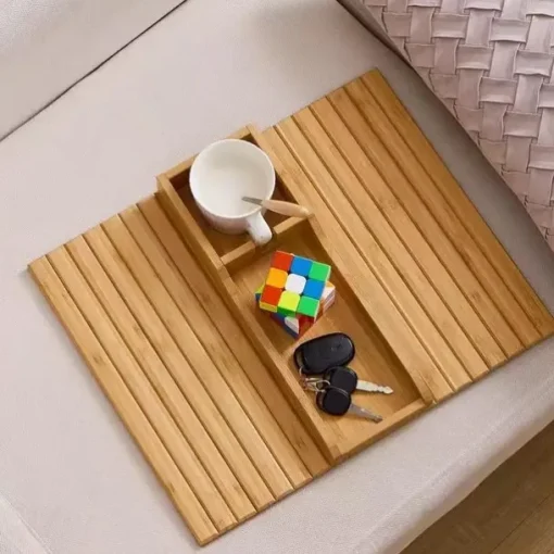 Stylish Bamboo Sofa Armrest Tray with Cup Holder - Anti-Fall Design, Foldable Storage Table for Snacks, Phones, Beverages & Cups, Contemporary Home Accessory, Beverage Tray Modern Bamboo Tray