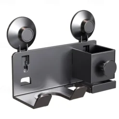 Suction Cup Hair Dryer Storage Organizer with Shelf for Bathroom. Reusable, Rustproof, Wall Mounted. No Drill, No Glue, Nail Free