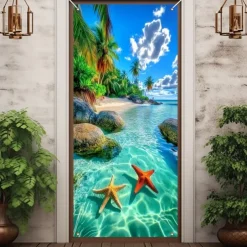 Summer Beach Door Decorations Door Covers Door Tapestry Door Curtain Decoration Backdrop Indoor/Outdoor Door Banner for Front Door Farmhouse