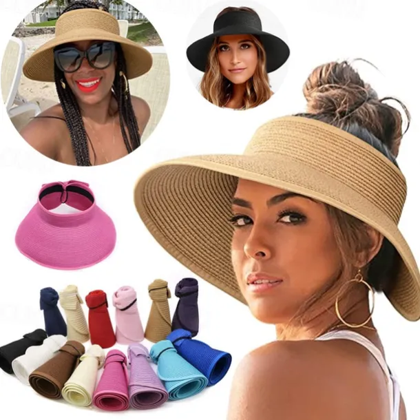Sun Visor Hats for Women Wide Brim Straw Roll-Up Ponytail Summer Beach Hat UV UPF Packable Foldable Travel Summer