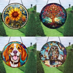 Sunflower Stained Suncatcher Window Hanging, Dog Cat Home Window Decor Suncatcher Birthday Gifts For Women,Mom,Teacher Wreath Sign, Christmas Xmas Decor Gift