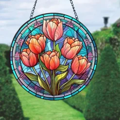 Sunflower Stained Suncatcher Window Hanging, Dog Cat Home Window Decor Suncatcher Birthday Gifts For Women,Mom,Teacher Wreath Sign, Christmas Xmas Decor Gift