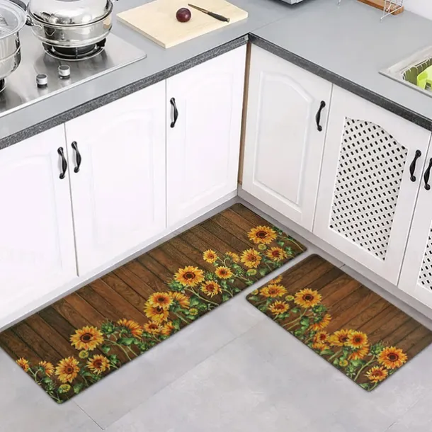 Sunflowers Wood Plat Area Rug Kitchen Mat Non-Slip Oil Proof Floor Mat Livingroom Rug Indoor Outdoor Mat Bedroom Decor Bathroom Mat Entrance Rug Door Mat