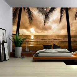Sunset Palm Trees Hanging Tapestry Wall Art Large Tapestry Mural Decor Photograph Backdrop Blanket Curtain Home Bedroom Living Room Decoration