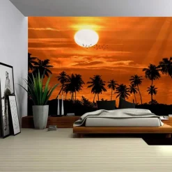 Sunset Palm Trees Hanging Tapestry Wall Art Large Tapestry Mural Decor Photograph Backdrop Blanket Curtain Home Bedroom Living Room Decoration