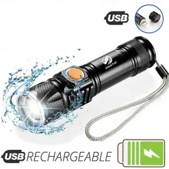 Super bright Rechargeable LED Flashlight With Tail USB Charging Head Zoomable waterproof Torch Portable light 3 Lighting modes Built-in battery