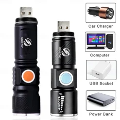 Super bright Rechargeable LED Flashlight With Tail USB Charging Head Zoomable waterproof Torch Portable light 3 Lighting modes Built-in battery
