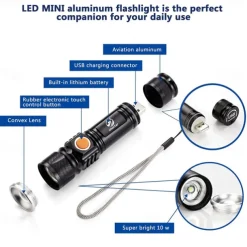 Super bright Rechargeable LED Flashlight With Tail USB Charging Head Zoomable waterproof Torch Portable light 3 Lighting modes Built-in battery