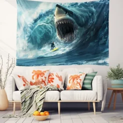 Surfing Shark Ocean Hanging Tapestry Wall Art Large Tapestry Mural Decor Photograph Backdrop Blanket Curtain Home Bedroom Living Room Decoration