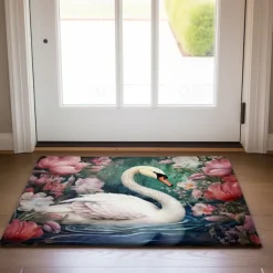 Swan Flowers Doormat Kitchen Mat Floor Mat Non-Slip Area Rug Oil Proof Rug Indoor Outdoor Mat Bedroom Decor Bathroom Mat Entrance Entreyway Rug