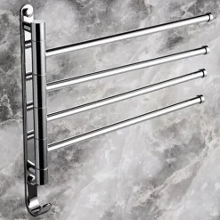 Swivel Towel Rack, Brass 4-Arm Towel Bar, Space Saving Wall Mounted Towel Holder with Hook, Rustproof Swing Out Towel Hanger for Bathroom, Kitchen