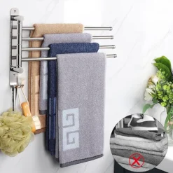 Swivel Towel Rack, Brass 4-Arm Towel Bar, Space Saving Wall Mounted Towel Holder with Hook, Rustproof Swing Out Towel Hanger for Bathroom, Kitchen