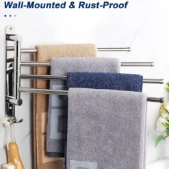 Swivel Towel Rack, Brass 4-Arm Towel Bar, Space Saving Wall Mounted Towel Holder with Hook, Rustproof Swing Out Towel Hanger for Bathroom, Kitchen