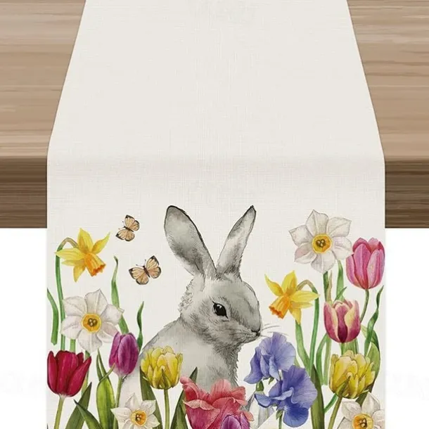 Table Runner, Happy Easter Table Runner, Cute Rabbit Bunny Egg Pattern Table Cover, Easter Atmospheric Table Runner, Holiday Desktop Decoration Fabric Table Runner,Easter Decor