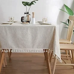 Tablecloth Art Nordic Bamboo Knotted Linen with Tassel Tablecloth Tea Coffee Table for Dining Table Home Room Decoration