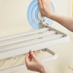 TAILI Aluminum Alloy Suction Cup Towel Rack with Towel Bar Holder, No Drill Foldable Towel Shelf with Hooks,Towel Storage Organizer for Bathroom Bath Shower