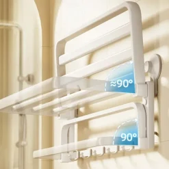 TAILI Aluminum Alloy Suction Cup Towel Rack with Towel Bar Holder, No Drill Foldable Towel Shelf with Hooks,Towel Storage Organizer for Bathroom Bath Shower