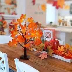 Thanksgiving Fall Maple Tree Lights 24LEDs Battery Powered Simulated Pumpkin Maple Leaf Lights for Holiday Home Parties Halloween Christmas Atmosphere Desktop Decoration (AA Batteries Excluded)