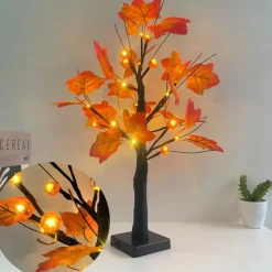Thanksgiving Fall Maple Tree Lights 24LEDs Battery Powered Simulated Pumpkin Maple Leaf Lights for Holiday Home Parties Halloween Christmas Atmosphere Desktop Decoration (AA Batteries Excluded)