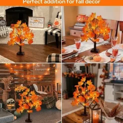Thanksgiving Fall Maple Tree Lights 24LEDs Battery Powered Simulated Pumpkin Maple Leaf Lights for Holiday Home Parties Halloween Christmas Atmosphere Desktop Decoration (AA Batteries Excluded)