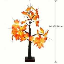 Thanksgiving Fall Maple Tree Lights 24LEDs Battery Powered Simulated Pumpkin Maple Leaf Lights for Holiday Home Parties Halloween Christmas Atmosphere Desktop Decoration (AA Batteries Excluded)
