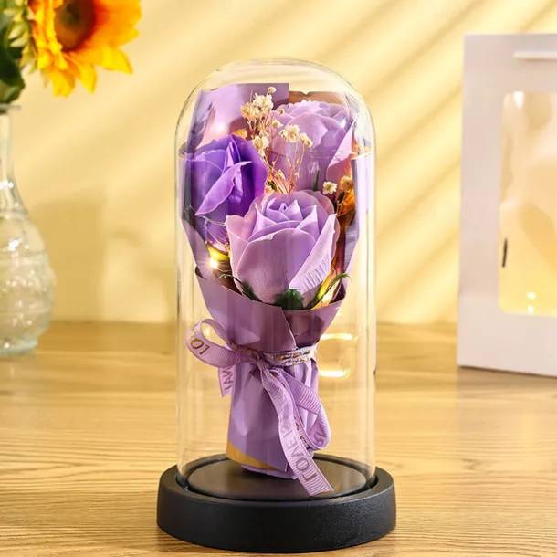 The Eternal Rose Bouquet Gift for Mom, Preserved Soap Flowers in Glass Dome with Light, Mother's Day Birthday Decoration for Women