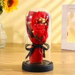 The Eternal Rose Bouquet Gift for Mom, Preserved Soap Flowers in Glass Dome with Light, Mother's Day Birthday Decoration for Women