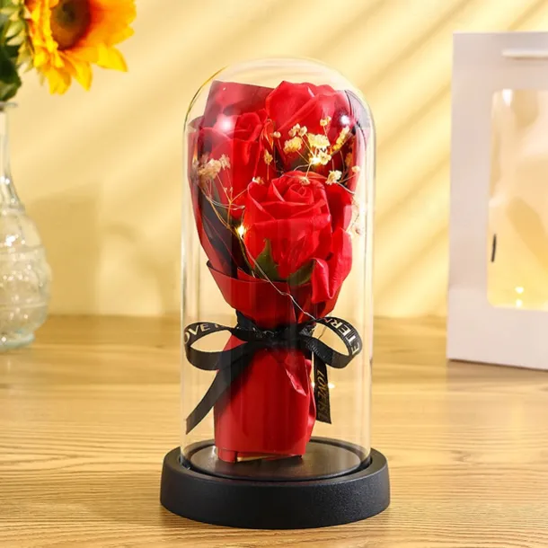 The Eternal Rose Bouquet Gift for Mom, Preserved Soap Flowers in Glass Dome with Light, Mother's Day Birthday Decoration for Women
