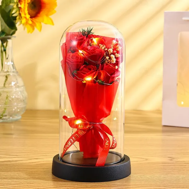 The Eternal Rose Bouquet Gift for Mom, Preserved Soap Flowers in Glass Dome with Light, Mother's Day Birthday Decoration for Women