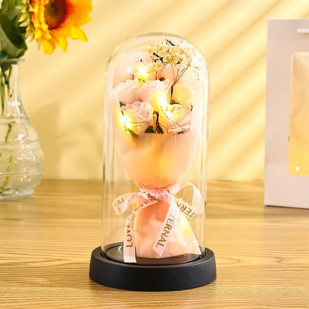 The Eternal Rose Bouquet Gift for Mom, Preserved Soap Flowers in Glass Dome with Light, Mother's Day Birthday Decoration for Women