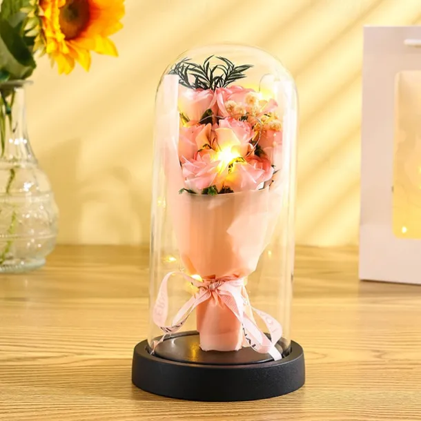 The Eternal Rose Bouquet Gift for Mom, Preserved Soap Flowers in Glass Dome with Light, Mother's Day Birthday Decoration for Women