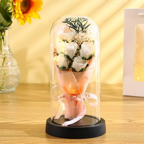 The Eternal Rose Bouquet Gift for Mom, Preserved Soap Flowers in Glass Dome with Light, Mother's Day Birthday Decoration for Women