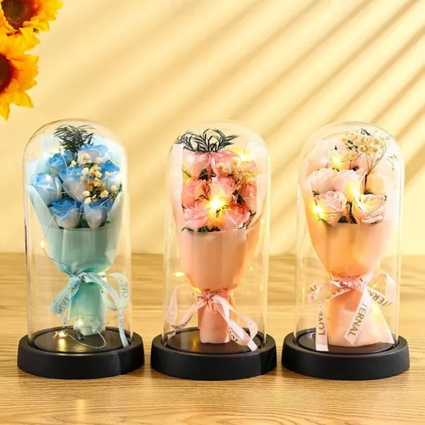 The Eternal Rose Bouquet Gift for Mom, Preserved Soap Flowers in Glass Dome with Light, Mother's Day Birthday Decoration for Women