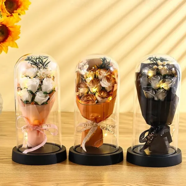 The Eternal Rose Bouquet Gift for Mom, Preserved Soap Flowers in Glass Dome with Light, Mother's Day Birthday Decoration for Women