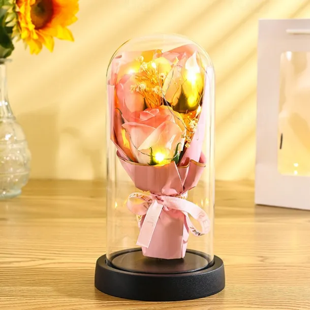 The Eternal Rose Bouquet Gift for Mom, Preserved Soap Flowers in Glass Dome with Light, Mother's Day Birthday Decoration for Women