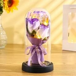 The Eternal Rose Bouquet Gift for Mom, Preserved Soap Flowers in Glass Dome with Light, Mother's Day Birthday Decoration for Women