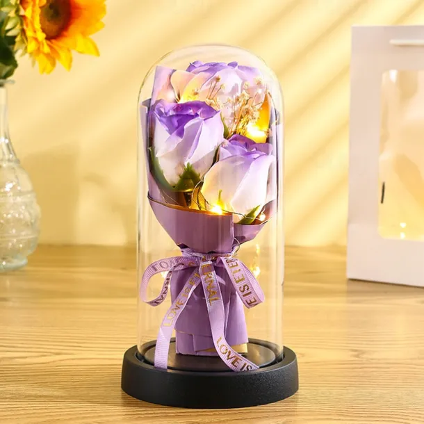 The Eternal Rose Bouquet Gift for Mom, Preserved Soap Flowers in Glass Dome with Light, Mother's Day Birthday Decoration for Women