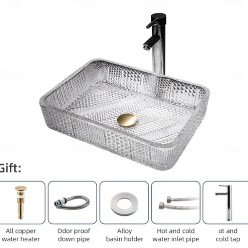 The modern light luxury transparent art rectangular die-cast glass wash basin with faucet sink