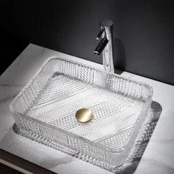 The modern light luxury transparent art rectangular die-cast glass wash basin with faucet sink